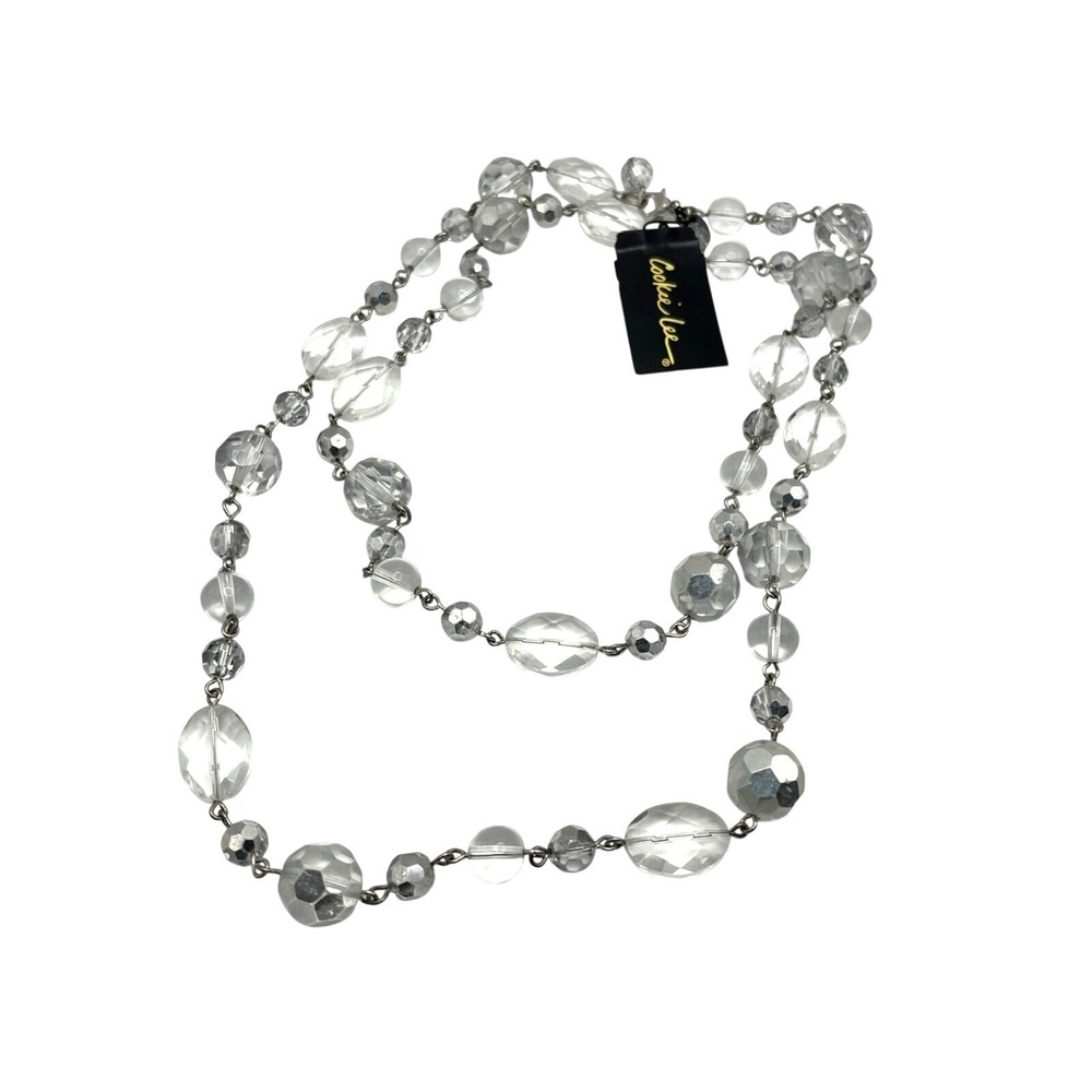 Genuine Crystal Long Station Necklace Clear Beaded Silver Tone Layer Statement